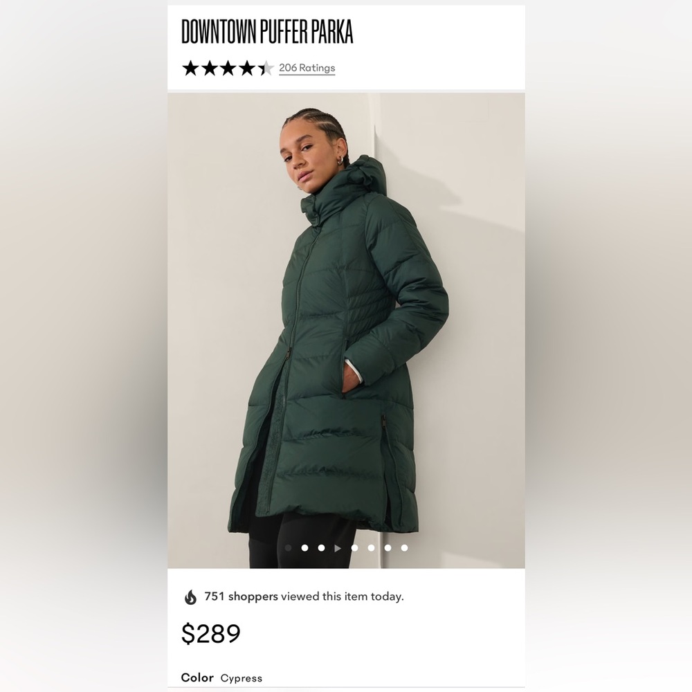 Athleta downtown Puffer Parka Color- Cypress size L